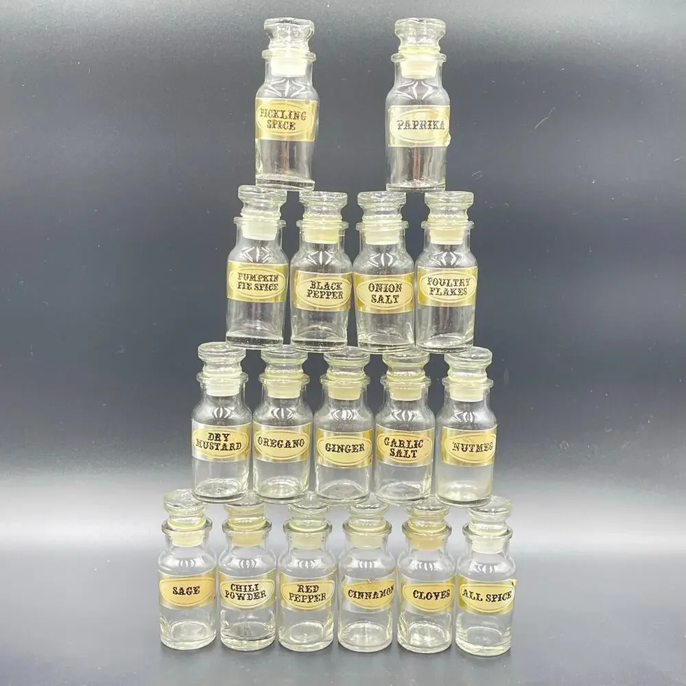 Vintage Spice Apothecary Jars Clear Glass Bottles Lot of 17 MCM